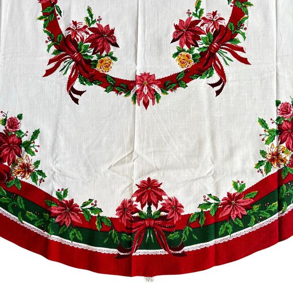 Vintage Christmas tablecloth long oval traditional red green white cotton blend - Picture 2 of 8